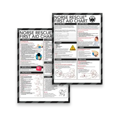 The NORSE RESCUE® First Aid Chart is your compact, go-to guide for emergency situations. This A5-sized, double-sided reference is crafted to offer clear, self-instructional guidance on crucial first aid measures for burns, fractures, unconsciousness, and airway issues. Arm yourself with confidence and the essential knowledge to act effectively in critical moments.