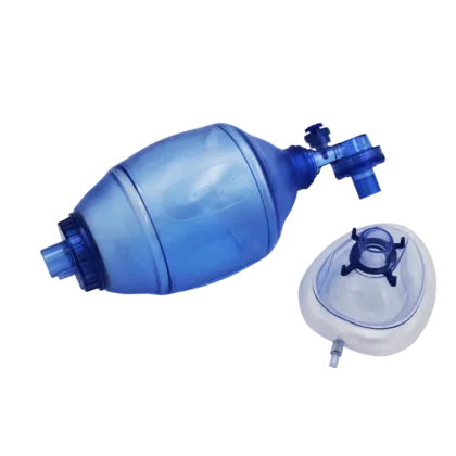 The Bag Valve Mask (BVM), made of blue silicone, includes a large adult mask, providing reliable manual resuscitation for emergency situations.