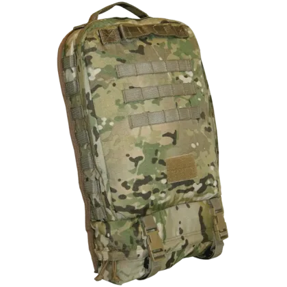 The M9 Assault Medical Backpack, Multicam, designed with input from a Special Operations medic, features a thin profile and multiple carry options, including backpack straps, body armor connectors, and carry handles, ideal for confined space operations.