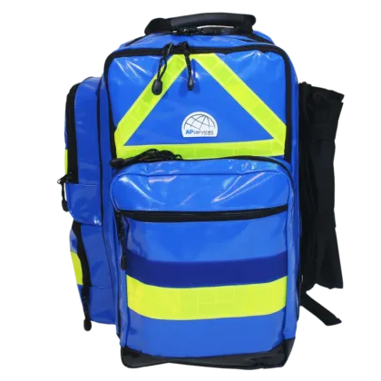 The FULL TRAUMA KIT, EXW, meets UNHCR and World Food Program specifications, designed for comprehensive emergency response. It includes a Rescue Backpack with the capacity to carry a combined Bodybag/Soft stretcher and essential medical supplies for trauma care in field conditions.