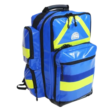 The FULL TRAUMA KIT, EXW, meets UNHCR and World Food Program specifications, designed for comprehensive emergency response. It includes a Rescue Backpack with the capacity to carry a combined Bodybag/Soft stretcher and essential medical supplies for trauma care in field conditions.