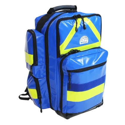 The FULL TRAUMA KIT, EXW, meets UNHCR and World Food Program specifications, designed for comprehensive emergency response. It includes a Rescue Backpack with the capacity to carry a combined Bodybag/Soft stretcher and essential medical supplies for trauma care in field conditions.