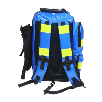 The FULL TRAUMA KIT, EXW, meets UNHCR and World Food Program specifications, designed for comprehensive emergency response. It includes a Rescue Backpack with the capacity to carry a combined Bodybag/Soft stretcher and essential medical supplies for trauma care in field conditions.