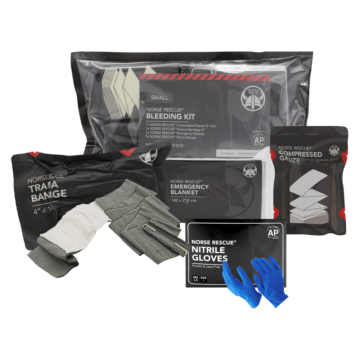 The NORSE RESCUE® Bleeding Kit Small is an essential, compact assembly designed to provide critical support in stopping severe bleedings. This kit, customizable for specific needs, includes expert-selected essentials like NORSE RESCUE® Compressed Gauze and Trauma Bandage, ensuring readiness in emergencies with a focus on efficiency and portability. - BA-NORSE-S