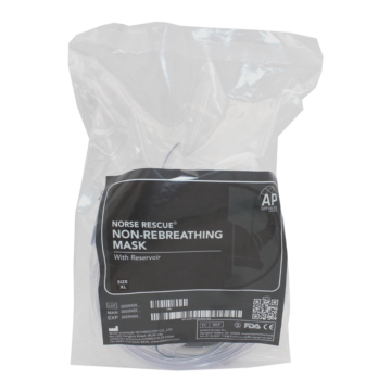 The NORSE RESCUE® Non-Rebreathing Mask is an essential emergency medical tool designed to deliver high concentrations of oxygen to patients, preventing hypoxia and supporting optimal care. Featuring a reservoir bag, this mask ensures a consistent and robust oxygen supply, crucial for maintaining adequate blood oxygen levels in critical situations. - BR-00113