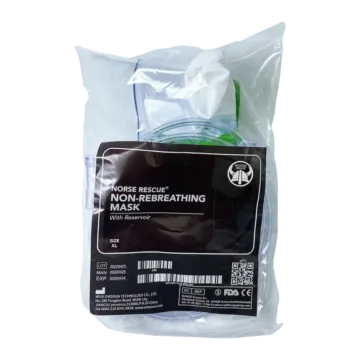 The NORSE RESCUE® Non-Rebreathing Mask is an essential emergency medical tool designed to deliver high concentrations of oxygen to patients, preventing hypoxia and supporting optimal care. Featuring a reservoir bag, this mask ensures a consistent and robust oxygen supply, crucial for maintaining adequate blood oxygen levels in critical situations.