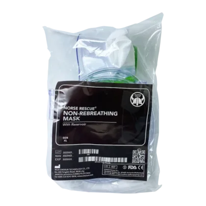 The NORSE RESCUE® Non-Rebreathing Mask is an essential emergency medical tool designed to deliver high concentrations of oxygen to patients, preventing hypoxia and supporting optimal care. Featuring a reservoir bag, this mask ensures a consistent and robust oxygen supply, crucial for maintaining adequate blood oxygen levels in critical situations.