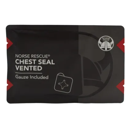 The NORSE RESCUE® Chest Seal Vented is a critical medical dressing for open chest wounds, designed to prevent tension pneumothorax by maintaining a secure seal under extreme conditions. Its four-vented design allows air to escape while preventing air inflow, ensuring optimal patient care in traumatic situations.