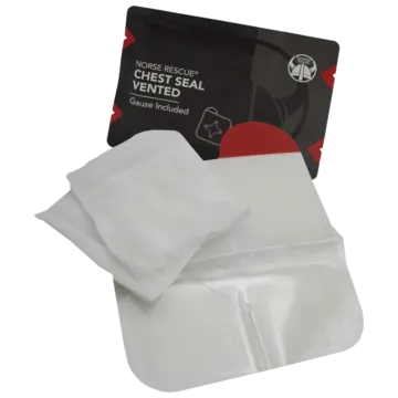 The NORSE RESCUE® Chest Seal Vented is a critical medical dressing for open chest wounds, designed to prevent tension pneumothorax by maintaining a secure seal under extreme conditions. Its four-vented design allows air to escape while preventing air inflow, ensuring optimal patient care in traumatic situations.