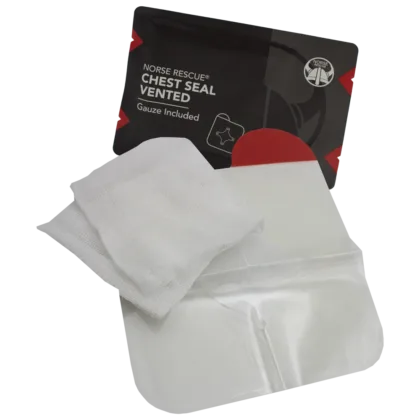 The NORSE RESCUE® Chest Seal Vented is a critical medical dressing for open chest wounds, designed to prevent tension pneumothorax by maintaining a secure seal under extreme conditions. Its four-vented design allows air to escape while preventing air inflow, ensuring optimal patient care in traumatic situations.