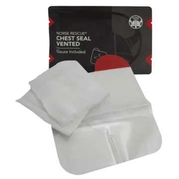 The NORSE RESCUE® Chest Seal Vented is a critical medical dressing for open chest wounds, designed to prevent tension pneumothorax by maintaining a secure seal under extreme conditions. Its four-vented design allows air to escape while preventing air inflow, ensuring optimal patient care in traumatic situations.