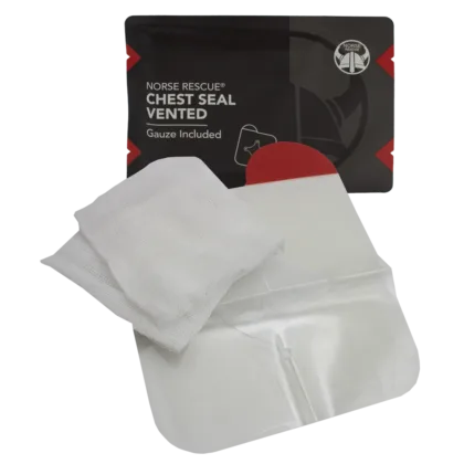 The NORSE RESCUE® Chest Seal Vented is a critical medical dressing for open chest wounds, designed to prevent tension pneumothorax by maintaining a secure seal under extreme conditions. Its four-vented design allows air to escape while preventing air inflow, ensuring optimal patient care in traumatic situations.