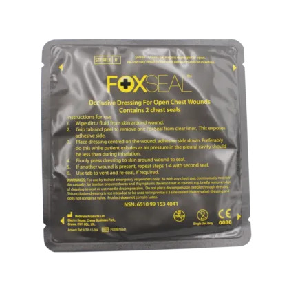 FOXSEAL Non-Vented Chest Seal, pack of 2, is an occlusive dressing designed to treat open chest wounds and prevent pneumothorax, featuring a compact design and easy-to-use adhesive re-sealing.