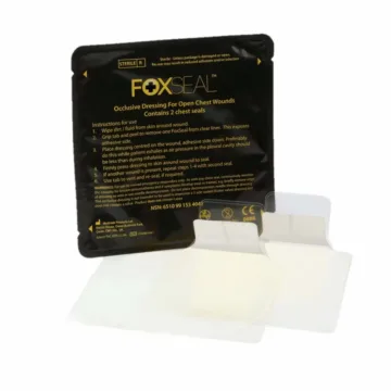 FOXSEAL Non-Vented Chest Seal, pack of 2, is an occlusive dressing designed to treat open chest wounds and prevent pneumothorax, featuring a compact design and easy-to-use adhesive re-sealing.