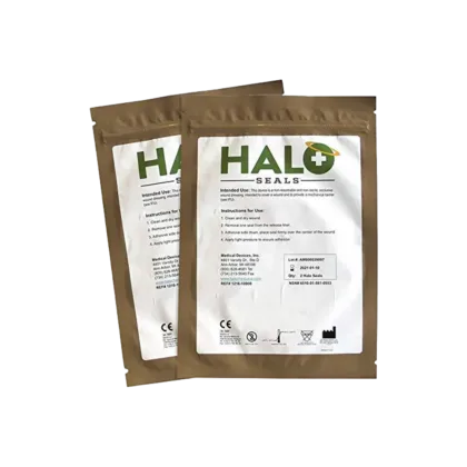 The HALO Chest Seal (2pc) is a high-performance occlusive dressing for treating penetrating chest wounds, featuring superior adhesion in moist and extreme conditions, with two seals per pack.