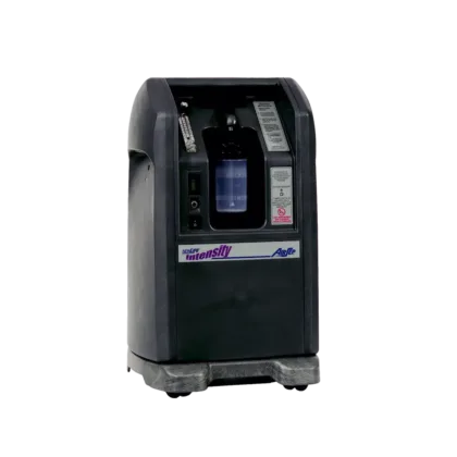 The AirSep® NewLife® Intensity Stationary Oxygen Concentrator offers high flow and high pressure, available in 8 LPM or 10 LPM models, with an output pressure of 20 psi. It features a Dual Flow option, allowing two patients to use the concentrator simultaneously.