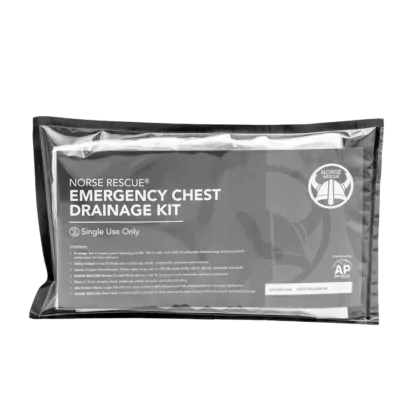 The NORSE RESCUE® Emergency Chest Drainage Kit is an all-encompassing solution for immediate and effective chest drainage procedures. This kit contains essential, sterile equipment including a CH32 drainage set with a 600 ml collection bag, a safety scalpel, suture materials, durable nitrile gloves, a sharp Pean clamp, disinfection wipes, and a specialized chest seal to prevent air from entering the pleural space. Designed for quick response and safety, this kit is indispensable for emergency medical situations.