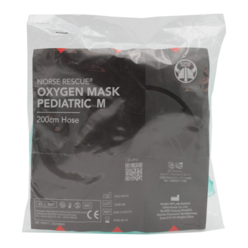 The NORSE RESCUE® Oxygen Mask, Medium (Pediatric), is designed for children requiring medium concentration oxygen therapy. Ideal for situations such as awakening, minor trauma, and patient transport, this mask delivers oxygen concentrations between 40-60%, depending on breathing patterns, with a hose length of 200 cm for mobility and comfort. - BR-100077