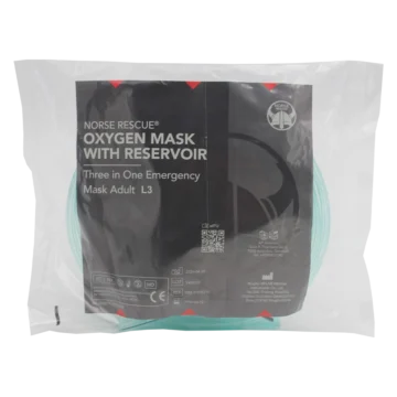 The NORSE RESCUE® Oxygen Mask w/Reservoir L3 for adults is a versatile three-in-one emergency mask designed to deliver oxygen treatment at approximately 10 liters per minute. Featuring a soft construction with a metal nose clip for a secure fit and two side vents for optimal oxygen concentration, this mask ensures effective treatment with a 200 cm hose for extended reach. - BR-100079