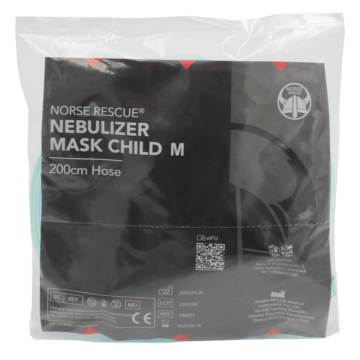 The NORSE RESCUE® Nebulizer Mask, Medium, is specifically designed for pediatric patients, providing a comfortable and effective solution for children requiring nebulized medication or oxygen supplementation. Featuring a 200 cm hose for flexibility and mobility, this mask ensures efficient medication delivery and patient comfort during treatment. - BR-100080