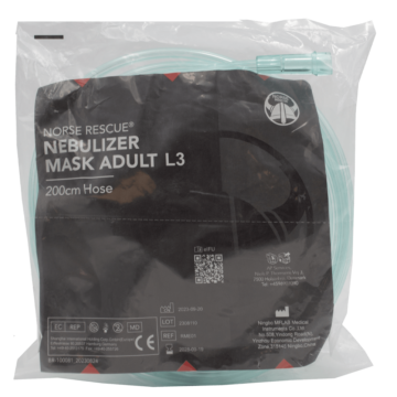 The NORSE RESCUE® Nebulizer Mask L3 for adults is designed to provide effective nebulization treatment, suitable for oxygen supplementation and medication administration. It ensures efficient medication absorption through nebulization, equipped with a 200 cm hose for enhanced mobility and comfort during use. - BR-100081