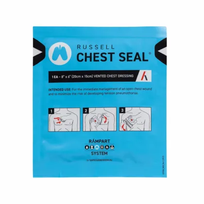 The Russell Chest Seal® offers an advanced hydrogel-based dressing for emergency treatment of penetrating chest wounds. Featuring a low-profile valve with four apertures, it facilitates the escape of air from the pleural cavity, minimizing lung collapse and supporting re-inflation, while ensuring comfort and reliability for up to 24 hours.