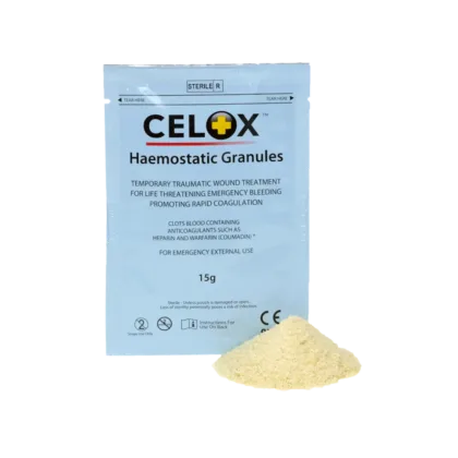 Celox™ Haemostatic Granules, in a convenient 15g packet, rapidly stop life-threatening bleeding and reduce blood loss. These granules are easy to use, effective on irregular shaped wounds, and have a proven track record of success in emergency situations.