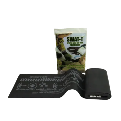 The SWAT-Tourniquet™, in black, is a versatile dressing designed for rapid extremity bleeding control, easily applied by stretching, wrapping, and tucking. Suitable for military and civilian tactical teams, it offers higher application into the groin and axilla compared to other tourniquets.