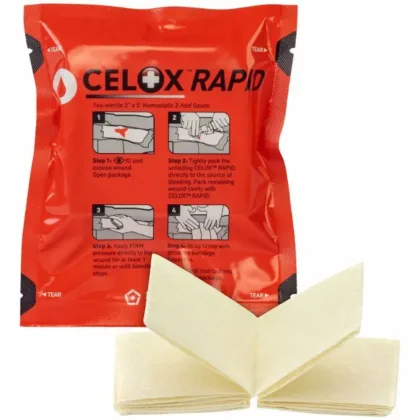 Celox Rapid Hemostatic Gauze, in a 5 ft. Z-fold design, is the fastest-acting hemostatic gauze available, stopping life-threatening bleeding in just 60 seconds, significantly reducing blood loss and treatment time.