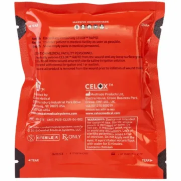 Celox Rapid Hemostatic Gauze, in a 5 ft. Z-fold design, is the fastest-acting hemostatic gauze available, stopping life-threatening bleeding in just 60 seconds, significantly reducing blood loss and treatment time.