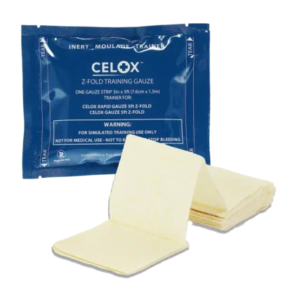 The Celox (Rapid) Gauze Z-fold Trainer is a realistic training tool designed for practicing wound packing techniques. It mirrors the packaging and material of the actual Celox bandage but contains no haemostatic properties, making it ideal for training purposes.