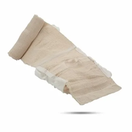 The Olaes® Modular Bandage 4", flat packed, is a versatile trauma bandage designed for all levels of care providers. It features 3 meters of gauze, a removable occlusive plastic sheet, and a pressure bar that can serve as an eye cup, with Velcro® 'Control' strips to prevent unraveling.