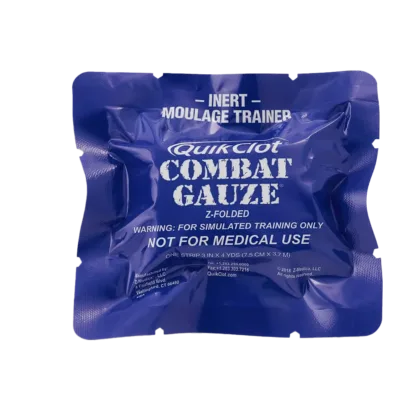 The QuikClot Combat Gauze® Moulage Trainer is a 3 in. x 4 yds. gauze designed for simulated training, replicating real-world bleeding challenges. It is intended for training purposes only and is compatible with QuikClot trainer leg kits and BioFeedback units.