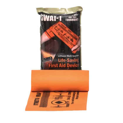 The SWAT-Tourniquet™, in orange, is a versatile and multipurpose dressing designed for rapid control of extremity bleeding, easily applied by stretching, wrapping, and tucking. Suitable for both military and civilian tactical teams, it allows application higher into the groin and axilla compared to other tourniquets.