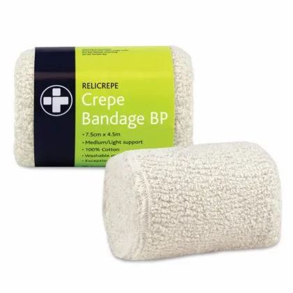 Relicrepe Crepe Bandage BP, 7.5cm x 4.5m, is a superior quality, 100% cotton bandage offering exceptional stretch and support, ideal for sprains, strains, and minor aches.