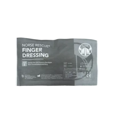 The NORSE RESCUE® Finger Dressing Size Small is a sterile, practical solution for finger injuries, measuring 28mm in width and 66mm in length when unstretched. Designed for direct application, this bandage boasts excellent absorbency and provides protection from mechanical irritation without needing extra dressings. Its versatile design allows it to be secured around the wrist, ensuring comprehensive support and comfort.