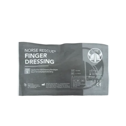 The NORSE RESCUE® Finger Dressing Size Small is a sterile, practical solution for finger injuries, measuring 28mm in width and 66mm in length when unstretched. Designed for direct application, this bandage boasts excellent absorbency and provides protection from mechanical irritation without needing extra dressings. Its versatile design allows it to be secured around the wrist, ensuring comprehensive support and comfort.