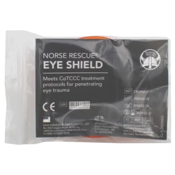 The NORSE RESCUE® Eye Shield is a high-strength, shatterproof Polycarbonate shield designed to protect traumatic eye injuries. Adhering to military pre-hospital guidelines, it features a convex shape to prevent external pressure from worsening the injury and includes ventilation holes. Its universal design fits either eye, ensuring immediate and effective protection. - CL-9