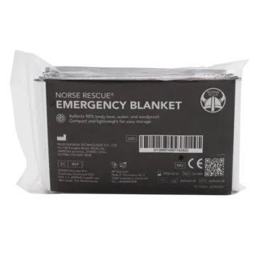 The NORSE RESCUE® Emergency Blanket is a crucial survival tool, designed to offer compact emergency protection in all weather conditions by retaining 90% of body heat. Made from high-quality materials comparable to more expensive foil blankets, it is waterproof, windproof, and incredibly lightweight, ensuring easy storage and reliability. The blanket features a 12 miu silver/silver construction, optimizing thermal efficiency and durability.