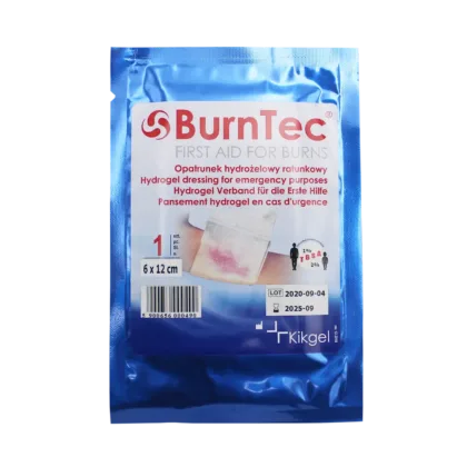 The BurnTec hydrogel dressing 6 x 12 cm provides even cooling and coverage for burn injuries with its stable-sheeting hydrogel structure, preventing spillage and ensuring effective application. Widely used by medical rescue services, fire brigades, and the army.