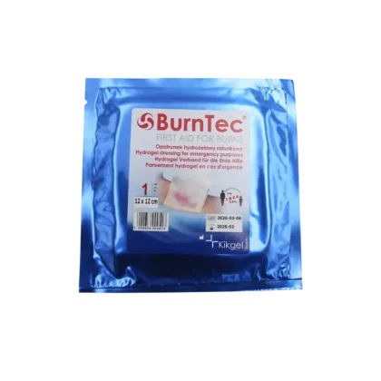 The BurnTec hydrogel dressing, measuring 12 x 12 cm, offers superior cooling and coverage for burn injuries. Its stable-sheeting hydrogel structure ensures even cooling distribution and prevents hydrogel spillage, making it ideal for emergency use by medical rescue services, fire brigades, and the army.