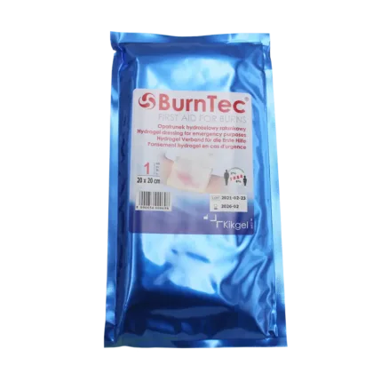 BurnTec 20 x 20 cm hydrogel dressing provides even cooling and coverage for burn injuries, featuring a stable-sheeting structure that prevents spillage and ensures effective application. Widely used by medical rescue services, fire brigades, and the army.