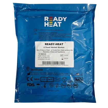 The Ready Heat 6 Panel Blanket is an essential emergency tool, designed for slow, consistent warming to treat hypothermia, shock, and trauma. It gradually heats to 40°C within 15-20 minutes and maintains warmth for up to 10 hours. Robust and versatile, it can also serve as an evacuation litter, supporting up to 250 lbs.