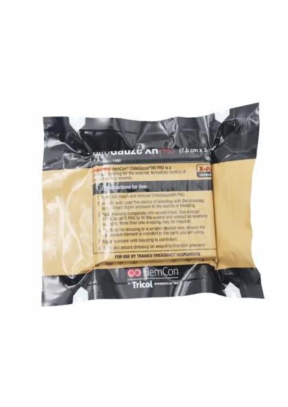 HemCon ChitoGauze XR PRO is an advanced hemostatic gauze designed for rapid bleeding control in severe situations. This 3" x 4y chitosan-coated dressing is engineered to stop bleeding swiftly while providing antibacterial protection, ensuring immediate and effective patient care in emergencies and on the battlefield. Latex-free, it is safe for a wide range of users.