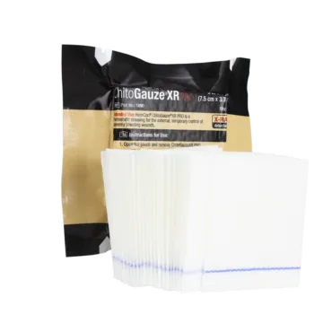 HemCon ChitoGauze XR PRO is an advanced hemostatic gauze designed for rapid bleeding control in severe situations. This 3" x 4y chitosan-coated dressing is engineered to stop bleeding swiftly while providing antibacterial protection, ensuring immediate and effective patient care in emergencies and on the battlefield. Latex-free, it is safe for a wide range of users.