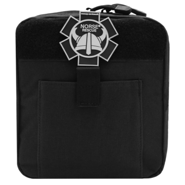 The NORSE RESCUE® Leg Rig is a versatile, black, lightweight bag designed for easy storage and quick access to essential first aid equipment. Attachable to either your belt or thigh, it caters to personal comfort and accessibility. Featuring a practical main compartment and high-quality construction, it includes a Velcro front for attaching individual bag patches, enhancing personalization and identification (NORSE RESCUE® Bag Patch sold separately). - IF-AP