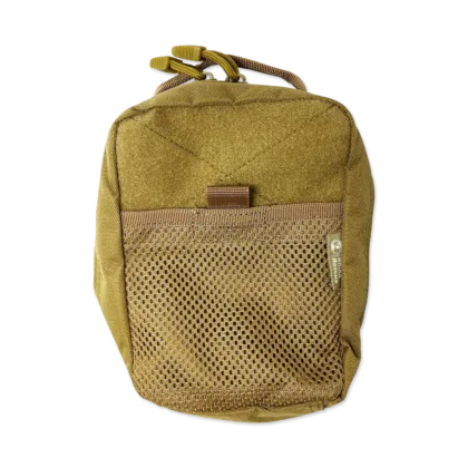 The IFAK, Q4 - TAN, is a small, lightweight bag designed for organized storage with practical pockets and easy attachment options for quick access.