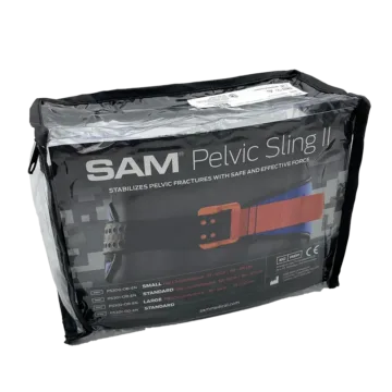 The SAM Pelvic Sling II, endorsed by trauma surgeons worldwide, is the first force-controlled pelvic belt designed to effectively stabilize pelvic fractures. This scientifically proven device ensures correct application pressure to prevent further injury during critical first aid interventions. Simple to use, it fits most of the population and is essential for the early management of traumatic pelvic injuries.