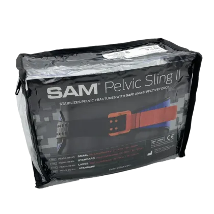 The SAM Pelvic Sling II, endorsed by trauma surgeons worldwide, is the first force-controlled pelvic belt designed to effectively stabilize pelvic fractures. This scientifically proven device ensures correct application pressure to prevent further injury during critical first aid interventions. Simple to use, it fits most of the population and is essential for the early management of traumatic pelvic injuries.