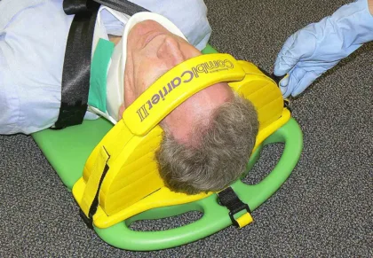 The CombiCarrierII Head Immobilizer (Yellow) is designed for seamless use with the CombiCarrierII, ensuring minimal lateral movement and maximizing neck and ear access while maintaining stabilization. Constructed from easy-to-clean vinyl-dipped NBR.